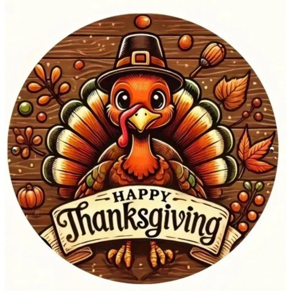 New Thanksgiving Turkey Pilgrim Tin Metal Signs Round 8x8 Iron Wall Art